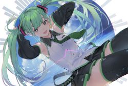 Rule 34 | 1girl, alternate hairstyle, antenna hair, arms up, black skirt, black thighhighs, blue nails, blunt bangs, breasts, cardiogram, cloud, commentary request, detached sleeves, green eyes, green hair, green necktie, hair ornament, hatsune miku, highres, long hair, looking at viewer, nail polish, necktie, open mouth, pleated skirt, shirinda fureiru, shirt, skirt, sleeveless, sleeveless shirt, small breasts, solo, thighhighs, twintails, very long hair, vocaloid