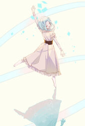 Rule 34 | 1girl, arm up, blue hair, closed eyes, commentary, dress, enomoto noa, frilled dress, frilled sleeves, frills, full body, highres, leg up, light blue hair, long dress, medium hair, noriyuki401, open mouth, parted bangs, pink dress, puffy short sleeves, puffy sleeves, saibou shinkyoku, short sleeves, smile, solo