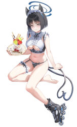 Rule 34 | 1girl, absurdres, animal ears, barefoot, black footwear, black hair, blue archive, blue hairband, blue halo, blush, bnari, breasts, clothing cutout, food, full body, hairband, halo, highres, holding, kikyou (blue archive), large breasts, looking at viewer, multiple tails, navel, parted lips, roller skates, short hair, simple background, skates, solo, spoon, stomach, tail, thigh strap, thighs, underboob cutout, white background, yellow eyes