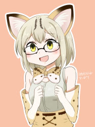 Rule 34 | 10s, 1girl, :d, animal ears, belt, black-framed eyewear, blush, bow, bowtie, cat ears, character name, clenched hands, commentary, copyright name, denmaru. (dedendenmaru), elbow gloves, glasses, gloves, green eyes, hands up, kemono friends, margay (kemono friends), margay print, open mouth, print bow, print bowtie, print gloves, print neckwear, shirt, simple background, sleeveless, sleeveless shirt, smile, solo, spotted hair