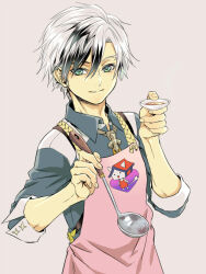 Rule 34 | 1boy, apron, black hair, collared shirt, cup, fingernails, green eyes, grey background, grey shirt, hair between eyes, holding, holding cup, holding ladle, ladle, looking at viewer, ludger will kresnik, male focus, multicolored hair, niku (mikantabetaizoo), parted bangs, pink apron, shirt, short hair, sleeves rolled up, smile, solo, streaked hair, tales of (series), tales of xillia, tales of xillia 2, two-tone hair, upper body, white hair