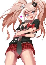 Rule 34 | 10s, 1girl, bad id, bad twitter id, blue eyes, crossed arms, danganronpa (series), danganronpa: trigger happy havoc, enoshima junko, heart, long hair, necktie, open clothes, open shirt, pink hair, ribbon, shirt, smile, solo, sonsoso, spoilers, sweat, twintails