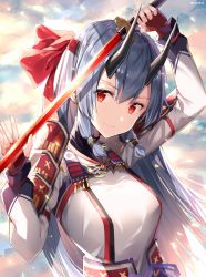 Rule 34 | 1girl, blue hair, closed mouth, fate/grand order, fate (series), hair ribbon, highres, holding, holding sword, holding weapon, horns, katana, long hair, looking to the side, red eyes, red ribbon, ribbon, rin yuu, smile, solo, sword, tomoe gozen (fate), twitter username, upper body, weapon