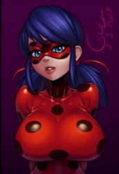 Rule 34 | 1girl, 2017, alternate breast size, arms behind back, blue eyes, blue hair, bodysuit, breasts, cesium, collarbone, dated, domino mask, hair ribbon, huge breasts, ladybug (character), lips, long hair, magical girl, marinette dupain-cheng, mask, miraculous ladybug, polka dot, red ribbon, ribbon, sidelocks, skin tight, solo, twintails