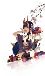 Rule 34 | 1girl, ankle ribbon, bare shoulders, barefoot sandals (jewelry), blush, bob cut, bottle, branch, breasts, breasts apart, cherry blossoms, collarbone, eyeliner, fangs, fate/grand order, fate (series), food, fruit, gourd, grapes, headpiece, highres, horns, japanese clothes, kimono, leg ribbon, long sleeves, looking at viewer, makeup, minamayumi, obi, off shoulder, oni, open mouth, peach, purple eyes, purple hair, purple kimono, red ribbon, revealing clothes, ribbon, ripples, sash, short eyebrows, short hair, shuten douji (fate), simple background, sitting, skin-covered horns, small breasts, smile, solo, wariza, water, white background, wide sleeves