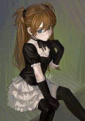 Rule 34 | 1girl, :/, artist name, black gloves, black ribbon, black shirt, black thighhighs, blue eyes, breasts, brown hair, choker, cleavage, feet out of frame, frilled choker, frills, from above, gloves, green background, hair between eyes, hand on own knee, hand up, highres, kofi-mo, long hair, looking at viewer, miniskirt, neck ribbon, neon genesis evangelion, ribbon, shirt, short sleeves, signature, sitting, skirt, small breasts, solo, souryuu asuka langley, thighhighs, two side up, white skirt