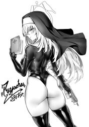 Rule 34 | 1girl, ass, blue archive, blush, closed mouth, from behind, gun, halo, highres, holding, holding gun, holding weapon, leotard, long hair, looking at viewer, looking back, monochrome, nun, puyocha, sakurako (blue archive), skindentation, smile, solo, thighhighs, thighs, weapon