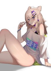 Rule 34 | 1girl, aa-12 (girls&#039; frontline), aa-12 (smokeless lollipop) (girls&#039; frontline), absurdres, ahoge, arm support, bare shoulders, bikini, bikini under clothes, black bikini, blue eyes, bracelet, breasts, brown hair, cero (last2stage), choker, cone hair bun, earrings, girls&#039; frontline, hair bun, hair ears, hair ornament, hand up, highres, jewelry, knee up, long hair, looking at viewer, medium breasts, mouth hold, nail polish, no pants, off shoulder, shadow, shirt, side-tie bikini bottom, sidelocks, simple background, sitting, solo, star (symbol), swimsuit, thighs, white background, white shirt, x hair ornament