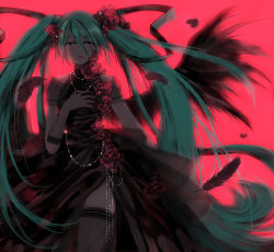 Rule 34 | 1girl, absurdres, aqua eyes, aqua hair, black wings, blush, dress, elbow gloves, evollis, feathers, fishnets, flower, glitter, gloves, hand on another&#039;s chest, hand on own chest, hatsune miku, highres, jewelry, lace, lace-trimmed legwear, lace trim, lips, long hair, necklace, no nose, simple background, single wing, solo, tears, thighhighs, twintails, very long hair, vocaloid, wings