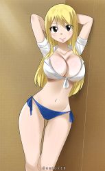 Rule 34 | 1girl, arms behind head, artist name, bikini, blonde hair, blue panties, breasts, brown eyes, cleavage, collarbone, fairy tail, gaston18, highres, large breasts, long hair, looking at viewer, lucy heartfilia, navel, panties, shirt, smile, solo, stomach, swimsuit, thighs, tied shirt, underwear, white shirt, wide hips