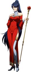 Rule 34 | 1girl, blue eyes, blue hair, boots, closed mouth, collarbone, detached sleeves, dress, full body, high heel boots, high heels, high ponytail, highres, holding, holding staff, jessica (langrisser), langrisser, long dress, long hair, long sleeves, looking at viewer, official art, red dress, red sleeves, shiny skin, side slit, sleeveless, sleeveless dress, smile, solo, staff, standing, swept bangs, thigh boots, thighhighs, transparent background, turtleneck, very long hair, white footwear