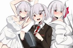 Rule 34 | 3girls, absurdres, armored core, armored core 6, ayre (armored core 6), braid, clipboard, dress, highres, jacket, multiple girls, necktie, office lady, personification, red eyes, short hair, smile, sundress, white hair
