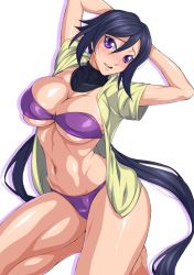 Rule 34 | 10s, 1girl, :d, arched back, arms behind head, arms up, ayame (gundam build divers), bare legs, barefoot, bikini, black hair, blush, breasts, cleavage, commentary request, covered collarbone, detached collar, groin, gundam, gundam build divers, hair between eyes, head tilt, highres, kneeling, large breasts, long hair, looking at viewer, low ponytail, navel, nib pen (medium), open clothes, open mouth, open shirt, ozaneko, purple bikini, purple eyes, shadow, shiny skin, shirt, short sleeves, sidelocks, simple background, smile, solo, split ponytail, stomach, strapless, strapless bikini, swimsuit, teeth, thick thighs, thighs, traditional media, turtleneck, upper teeth only, very long hair, white background, yellow shirt