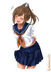 Rule 34 | 1girl, alternate costume, arms behind back, blue sailor collar, blue skirt, blush, breasts, brown hair, cowboy shot, ebifurya, hair between eyes, hair ornament, hairclip, highres, i-401 (kancolle), kantai collection, long sleeves, midriff peek, neckerchief, one-hour drawing challenge, open mouth, orange neckerchief, pleated skirt, ponytail, sailor collar, school uniform, serafuku, shirt, simple background, skirt, small breasts, smile, solo, twitter username, white background