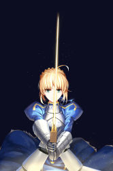 Rule 34 | 1girl, ahoge, armor, armored dress, artoria pendragon (all), artoria pendragon (fate), blonde hair, excalibur (fate/stay night), fate/stay night, fate (series), faulds, gauntlets, glowing, glowing sword, glowing weapon, green eyes, hair ribbon, highres, juliet sleeves, light particles, long sleeves, puffy sleeves, ribbon, saber (fate), simple background, solo, weapon, yunsang
