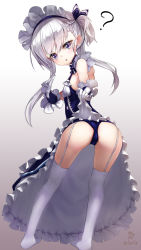 Rule 34 | 1girl, ?, aged down, ass, azur lane, belfast (azur lane), blue dress, braid, dress, elbow gloves, from behind, garter straps, gloves, highres, leaning forward, legs, long hair, looking back, maid headdress, nekodayo22, one-piece swimsuit, open mouth, purple eyes, school swimsuit, silver hair, solo, swimsuit, swimsuit under clothes, thighhighs, white thighhighs