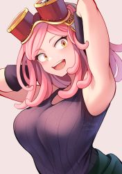 Rule 34 | 1girl, :d, arm up, armpits, black gloves, boku no hero academia, breasts, chikuwa savy, gloves, goggles, goggles on head, grey background, hatsume mei, highres, large breasts, medium hair, open mouth, pink hair, simple background, smile, solo, symbol-shaped pupils, teeth, twitter username, upper body, upper teeth only, watermark