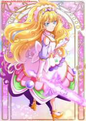 Rule 34 | 1girl, back, blonde hair, blue eyes, blush, bridal gauntlets, brooch, choker, cure finale, delicious party precure, energy sword, frills, hair ornament, hanzou, high heels, highres, jewelry, kantai collection, kasai amane, long hair, looking at viewer, looking back, magical girl, pink background, pink skirt, precure, skirt, solo, standing, sword, tiara, vest, weapon, yellow footwear