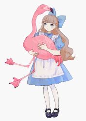 1girl alice_in_wonderland animal apron bird blue_eyes bow brown_hair clamo_k dress flamingo full_body hair_bow highres holding holding_animal holding_bird long_hair mary_janes original pantyhose shoes short_sleeves solo very_long_hair