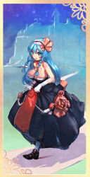 Rule 34 | 1girl, bare shoulders, blue eyes, blue hair, bow, bow (bhp), braid, breasts, cleavage, dress, elbow gloves, gloves, hair bow, hairband, large breasts, loafers, long hair, matching hair/eyes, original, shoes, solo, twin braids
