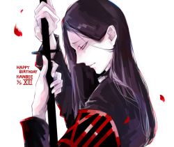 Rule 34 | 10s, 1boy, abara hanbee, arm up, awara kayu, black hair, black jacket, blood, blood on clothes, character name, closed mouth, from side, hair behind ear, half-closed eye, happy birthday, holding, holding weapon, jacket, katana, long hair, looking down, male focus, no pupils, out of frame, pale skin, parted bangs, roman numeral, simple background, solo, sword, tokyo ghoul, tokyo ghoul:re, upper body, weapon, white background