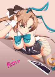Rule 34 | 1girl, akigumo (kancolle), akigumo kai ni (kancolle), alternate costume, animal ears, aqua bow, aqua bowtie, black leotard, bow, bowtie, breasts, brown hair, cleavage, dated, detached collar, feet out of frame, fishnet pantyhose, fishnets, gradient background, gradient hair, green eyes, grey thighhighs, grin, hair intakes, head on hand, kantai collection, leotard, long hair, lying, medium breasts, moke ro, multicolored hair, on side, pantyhose, parted bangs, playboy bunny, ponytail, rabbit ears, smile, solo, strapless, strapless leotard, tablet pc, thighhighs, twitter username, wrist cuffs