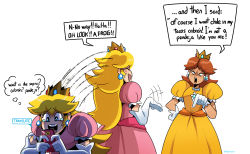 Rule 34 | 2girls, :d, ^ ^, brown hair, closed eyes, commentary, crown, dark-skinned female, dark skin, dress, earrings, elbow gloves, english commentary, eyebrows, gloves, highres, holding, holding phone, long hair, mario (series), multiple girls, nintendo, open mouth, phone, pink dress, pointing, pointing down, princess daisy, princess peach, profanity, puffy sleeves, right-to-left comic, smile, spanish text, speech bubble, sphere earrings, super mario land, tearing up, thegreyzen, thought bubble, v-shaped eyebrows, white gloves, yellow dress