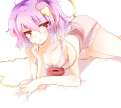 Rule 34 | 1girl, bad id, bad pixiv id, bare shoulders, blush, breast rest, breasts, collarbone, downblouse, female focus, haruhi0816, heart, komeiji satori, lying, nightgown, on stomach, pink eyes, pink hair, short hair, small breasts, solo, third eye, touhou