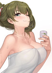 Rule 34 | 10s, 1girl, :3, absurdres, alcohol, ameyame, aqua eyes, bare arms, bare shoulders, blush, breasts, cleavage, cup, female focus, green eyes, green hair, hair up, highres, holding, holding cup, idolmaster, idolmaster cinderella girls, large breasts, looking at viewer, matching hair/eyes, md5 mismatch, mole, mole under eye, naked towel, neck, one eye closed, sake, short hair, simple background, smile, solo, takagaki kaede, towel, upper body, wet, white background, wink