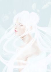 Rule 34 | 1girl, artist name, bishoujo senshi sailor moon, blue background, crescent, crescent facial mark, facial mark, floating hair, leaf, lips, long hair, pale color, pastellish, queen serenity, red lips, signature, simple background, solo, tears, white hair, white theme