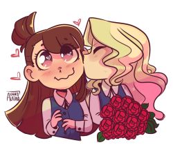 Rule 34 | 2girls, blush, brown hair, closed eyes, commentary, commentary request, diana cavendish, flower, heart, heart in eye, kagari atsuko, kiss, kissing cheek, little witch academia, long hair, multiple girls, spanish commentary, symbol in eye, yuri
