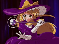 Rule 34 | 1990s (style), 1girl, blonde hair, bow, choroli (chorolin), commentary, dark background, film grain, floating hair, frilled hat, frills, gloves, hair bow, hands up, hat, hat bow, holding, holding wand, juliet sleeves, kirisame marisa, kirisame marisa (pc-98), long sleeves, looking at viewer, open mouth, outstretched hand, phantasmagoria of dim.dream, puffy sleeves, purple bow, purple hat, retro artstyle, sash, sidelocks, solo, tareme, touhou, touhou (pc-98), turtleneck, v-shaped eyebrows, wand, white gloves, white sash, witch hat, yellow bow, yellow eyes