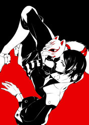 Rule 34 | 1boy, bodysuit, boots, closed mouth, collarbone, crossed legs, eyelashes, fox mask, greyscale with colored background, holding, holding mask, kitagawa yuusuke, looking at viewer, looking back, male focus, mask, persona, persona 5, short hair, solo, spot color, two-tone background, zmore