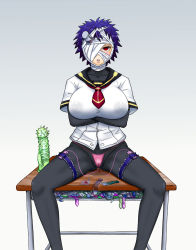 Rule 34 | 1girl, alternate breast size, bandages, blue hair, blush, bodysuit, bodysuit under clothes, breasts, collarbone, condom, condom wrapper, covered erect nipples, crossed arms, desk, dildo, female focus, female masturbation, gradient background, highres, isami jun, kurokami kujira, large breasts, legs, lipstick, looking at viewer, makeup, masturbation, medaka box, naze youka, necktie, nipples, object insertion, panties, panties over clothes, parted lips, pink lips, pink panties, pussy juice, red eyes, school uniform, sex toy, short hair, simple background, sitting, solo, spiked dildo, spread legs, underwear, used condom, vaginal, vibrator, wet, wet clothes, wet panties