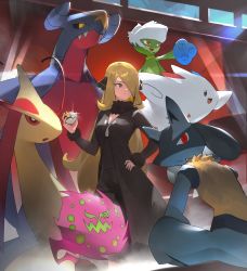 Rule 34 | 1girl, 5others, black coat, black pants, black shirt, blonde hair, breasts, closed mouth, coat, commentary, creatures (company), cynthia (pokemon), fur-trimmed coat, fur collar, fur trim, game freak, garchomp, gen 3 pokemon, gen 4 pokemon, glint, grey eyes, hair ornament, hand on own hip, highres, holding, holding poke ball, hood (james x), long hair, lucario, milotic, multiple others, nintendo, pants, poke ball, pokemon, pokemon (creature), pokemon dppt, roserade, shirt, spiritomb, togekiss, ultra ball, very long hair