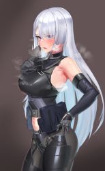 Rule 34 | 1girl, ak-15 (girls&#039; frontline), armpits, bare shoulders, belt, black gloves, blush, breasts, brown background, elbow gloves, girls&#039; frontline, gloves, hair over one eye, highres, long hair, looking at viewer, midriff, navel, open mouth, pouch, purple eyes, simple background, smell, solo, steam, sweat, urrrt, very long hair