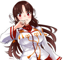 Rule 34 | 1girl, blouse, breasts, brown hair, commentary request, dress shirt, fugu custom, hair ribbon, hime cut, hiyou (kancolle), kantai collection, large breasts, long hair, magatama, red eyes, ribbon, shirt, simple background, solo, twitter username, white background, white ribbon