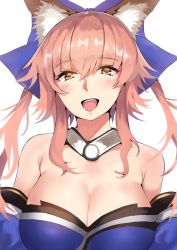 Rule 34 | 10s, 1girl, :d, animal ears, artist name, bad id, bad pixiv id, bare shoulders, blue bow, blush, bow, breasts, cleavage, commentary request, detached sleeves, fate/extra, fate/grand order, fate (series), fox ears, fox girl, hair between eyes, hair bow, hair ornament, hair ribbon, large breasts, long hair, looking at viewer, moruchi (rinaka moruchi), nd, open mouth, pink hair, ribbon, sidelocks, signature, simple background, smile, solo, tamamo (fate), tamamo no mae (fate/extra), text focus, twintails, white background, yellow eyes
