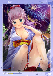 Rule 34 | 1girl, :d, absurdres, aqua eyes, bare shoulders, barefoot, blue kimono, blush, bow, breasts, cleavage, collarbone, convenient censoring, feet, fireworks, hair bow, high ponytail, highres, japanese clothes, kimono, large breasts, long hair, looking at viewer, mizusawa mimori, night, no panties, obi, open mouth, original, outdoors, purple hair, red bow, sash, shiny skin, sitting, smile, soles, solo, stairs, toes, very long hair