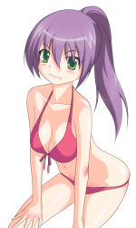 1girl bikini breasts cleavage fang female_focus green_eyes large_breasts long_hair original ponytail purple_hair red_bikini solo swimsuit yuuki1103