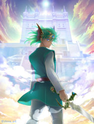 Rule 34 | 1boy, belt, blue eyes, blue sky, closed mouth, cloud, cloudy sky, dragon quest, dragon quest iv, floating castle, from behind, green hair, green tunic, headpiece, hero (dq4), holding, holding sword, holding weapon, long sleeves, looking at viewer, male focus, pants, shina art, shirt, sky, solo, standing, sun, sunlight, sword, twitter username, weapon, white pants, white shirt, zenithian sword