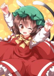 Rule 34 | 1girl, animal ears, arms up, blush, bow, bowtie, brown eyes, brown hair, cat ears, cat tail, chen, clenched hands, earrings, fang, frilled skirt, frills, green hat, happy, hat, highres, jewelry, long sleeves, mandarin collar, mob cap, multiple tails, one-hour drawing challenge, one eye closed, open mouth, orange skirt, orange vest, ruu (tksymkw), shirt, short hair, single earring, skin fang, skirt, solo, tail, touhou, two tails, upper body, vest, white shirt, yellow bow, yellow bowtie