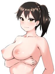 Rule 34 | 10s, 1girl, black hair, blush, breast hold, breast rest, breasts, brown eyes, brown hair, cleavage, collarbone, dollaya1919, female focus, kaga-ya (kaga z), kaga (kancolle), kantai collection, looking at viewer, navel, neck, nipples, nude, puffy nipples, short hair, side ponytail, simple background, smile, solo, topless, topless frame, upper body, white background