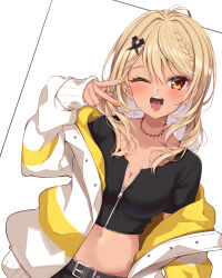 Rule 34 | 1girl, ;p, belt, black belt, black shirt, blonde hair, blush, braid, breasts, cleavage, crop top, dark-skinned female, dark skin, ear piercing, french braid, highres, jacket, jewelry, jiino, kaminari qpi, kaminari qpi (2nd costume), lightning bolt piercing, long hair, looking at viewer, medium breasts, midriff, navel, necklace, one eye closed, open clothes, open jacket, open mouth, orange nails, partially unzipped, piercing, shirt, short sleeves, sleeves past wrists, solo, swept bangs, tongue, tongue out, tooth necklace, v over eye, virtual youtuber, vspo!, white jacket, yellow jacket, zipper, zipper pull tab