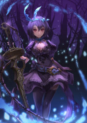 Rule 34 | 1girl, alice (sinoalice), arm at side, bad id, bad pixiv id, bare tree, belt, black thighhighs, breasts, cleavage, dress, elbow gloves, gloves, hairband, highres, looking at viewer, medium breasts, night, night sky, pink eyes, planted, purple dress, purple gloves, purple hair, shente (sharkpunk), short hair, single glove, sinoalice, sky, solo, standing, sword, thighhighs, tree, weapon