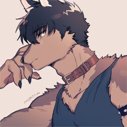 Rule 34 | 1boy, animal collar, animal ears, animal hands, armlet, artist name, black hair, black tank top, body fur, brown background, brown collar, brown fur, claws, closed mouth, collar, dog boy, dog ears, furry, furry male, green eyes, hand on own face, hand up, highres, looking to the side, male focus, mokotalow11, original, short hair, simple background, solo, spiked armlet, tank top, upper body