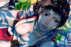 Rule 34 | 1girl, b madrid, breasts, brown eyes, brown hair, cleavage, crossed arms, dappled sunlight, downblouse, fingerless gloves, from above, gloves, japanese clothes, large breasts, lips, lipstick, long hair, makeup, ninja, pelvic curtain, ponytail, rope, shimenawa, shiny skin, shiranui mai, sitting, solo, sunlight, the king of fighters, wariza