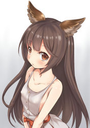 Rule 34 | 10s, 1girl, animal ears, arched back, arms at sides, aster (granblue fantasy), bare shoulders, breasts, brown eyes, brown hair, collarbone, covered erect nipples, dress, erune, female focus, from above, granblue fantasy, hair between eyes, highres, long hair, looking at viewer, no bra, open mouth, piano-alice, simple background, sleeveless, sleeveless dress, small breasts, solo, upper body, white dress