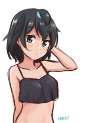 Rule 34 | 1girl, absurdres, arms behind back, bare shoulders, black bra, black eyes, black hair, bra, collarbone, hand in own hair, highres, kemono friends, looking at viewer, shiraha maru, short hair, signature, simple background, sketch, solo, superb bird-of-paradise (kemono friends), underwear, upper body, white background