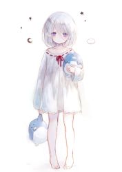 Rule 34 | 1girl, barefoot, blue eyes, collarbone, commentary request, crescent, eyes visible through hair, full body, hair over one eye, head tilt, highres, holding, holding stuffed toy, lingerie, long sleeves, looking at viewer, negligee, hugging object, onineko, original, short hair, simple background, sleepy, solo, standing, star (symbol), stuffed animal, stuffed penguin, stuffed toy, underwear, white background, white hair, wide sleeves